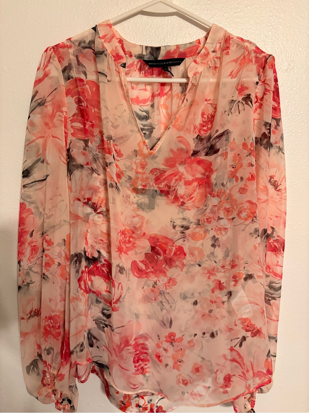 White House Black Market Peach Coral Floral Sheer Blouse